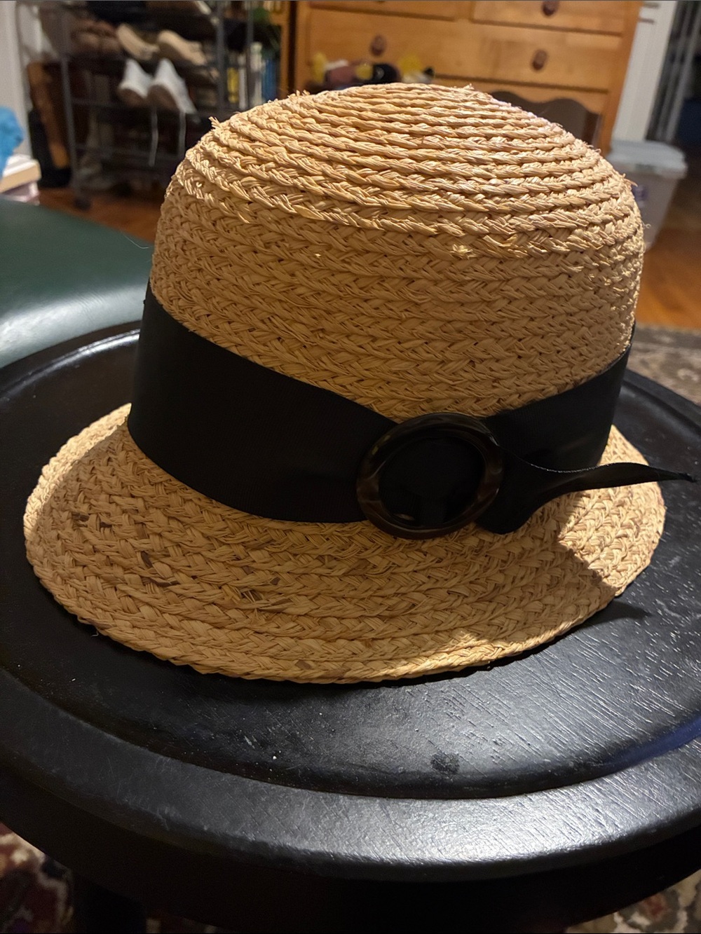Goorin Straw Cloche Hat with Black Band and Buckle